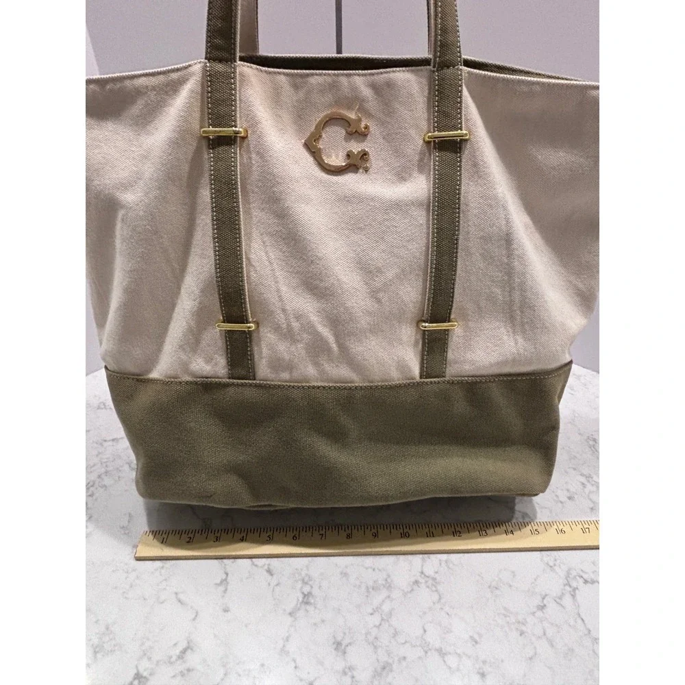 C Wonder Canvas‎ Colorblock Tote Bag Cream Olive Green Gold Logo Large Shopper